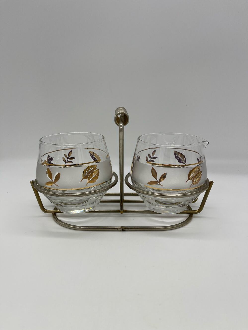 Vintage MCM Libbey Glass Golden Foliage Creamer & Sugar Gold Leaves Carrier 436